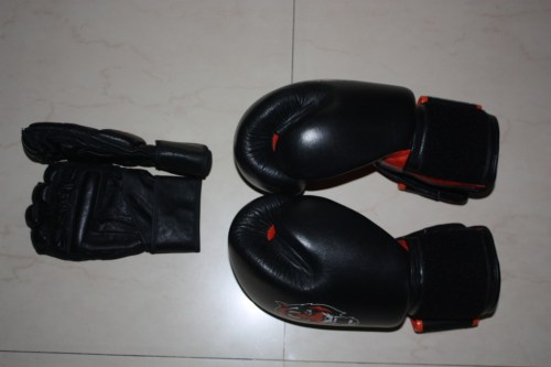 MMA style gloves on the left and 16oz. boxing gloves on the right