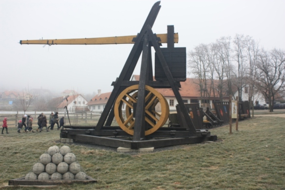One of the trebuchet on display at the base of Sümeg castle