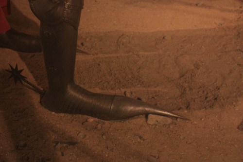 Close up foot armor.   One imagines this kicking up under the front plate to stab the enemy without ever breaching his armor; file under "W" for "wicked."