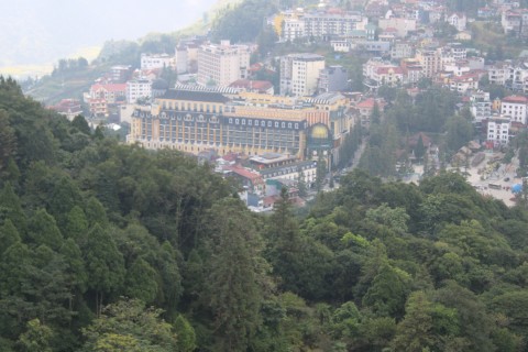 Sun Plaza is one of the most imposing buildings in Sa Pa, Vietnam. This photo is taken from Ham Rong, a nearby mountain. From a distance one can see how Sun Plaza dwarfs the other structures in the vicinity.