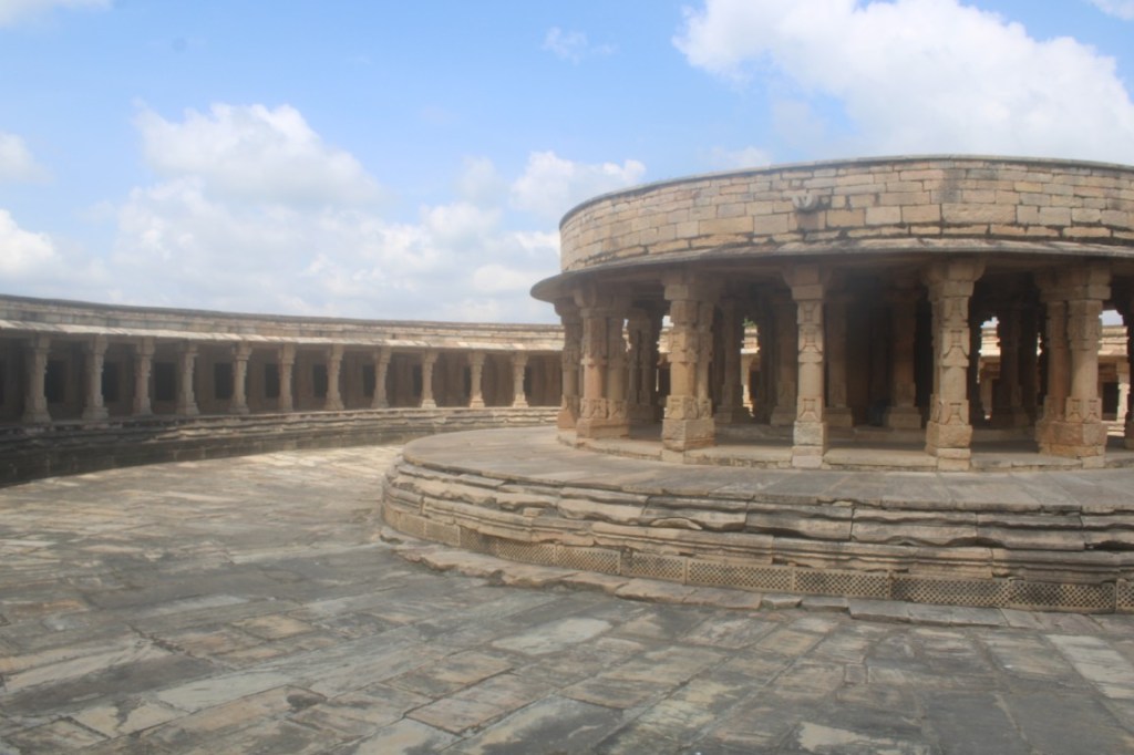 Yogini Temple: Ekattarso Mahadev Mandir (a.k.a. Chausath Yogini Temple); Morena; north of Gwalior in Madhya Pradesh, India. Oblique shot of the inner sanctum.