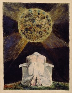 William Blake painting of Urizen praying to the world he created, an illustration from "Song of Los."