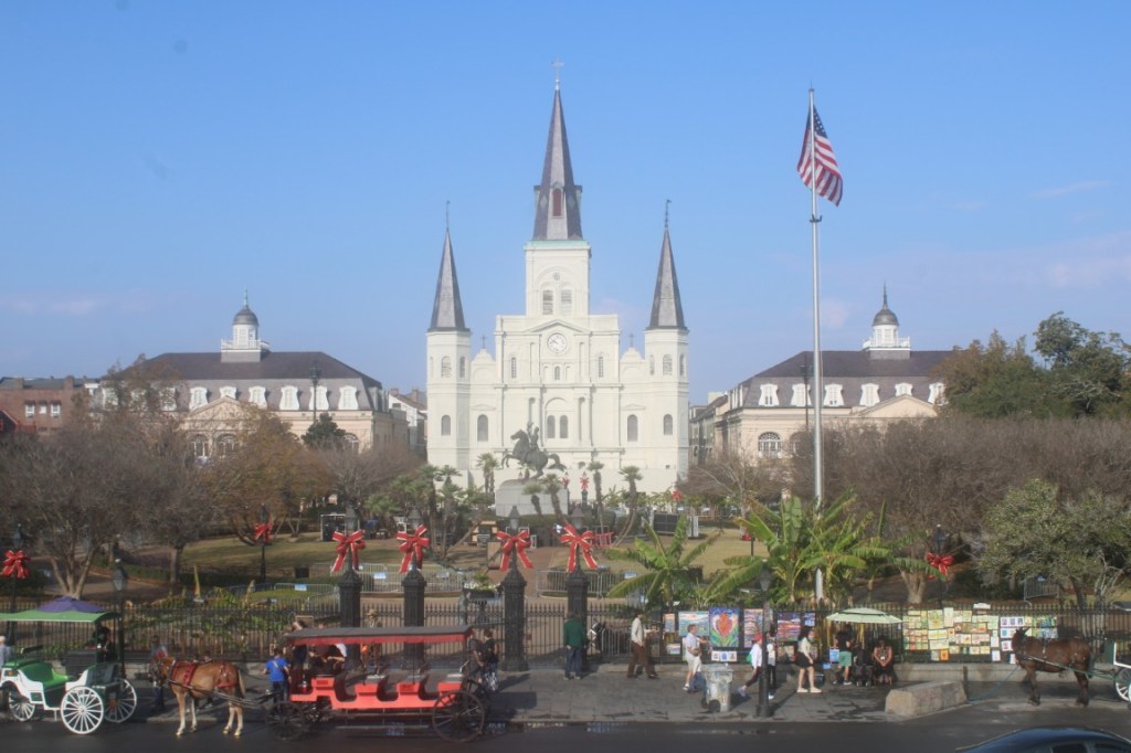 Photograph of St. Louis Cathedral in New Orleans taken from Washington Artillery Park across Jackson Square.