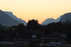 Photograph of Vang Vieng, Laos at sundown.