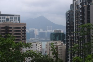 A photo taken from the mountain of Hong Kong Island toward Kowloon.