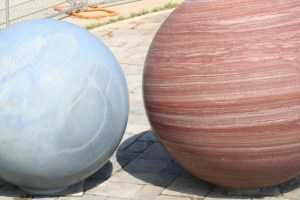 Photograph of two marble spheres in the Westside Park of Atlanta.