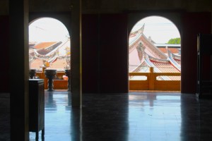 Photograph of the roof of the Cheng Hoon Teng Temple taken from the upper floor of the Xiang Lin Si Temple in the Jonker Walk / Chinatown area of Malacca, Malaysia.