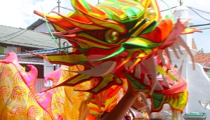 Photograph of the head of a dancing dragon taken in Melaka, Malaysia.