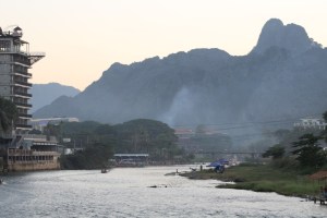 Photograph taken from a bridge over the Nam Song River in Vang Vieng, Laos. 