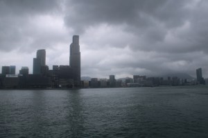 Photograph taken on Victoria Harbour (from the Star Ferry) on a rainy day in Hong Kong. 