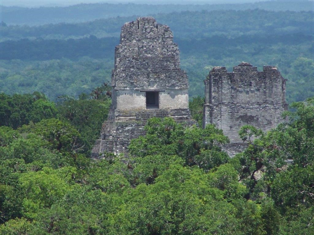 Photograph of the tops of Temples I and II taken from atop Temple IV at Tikal in Guatemala. 