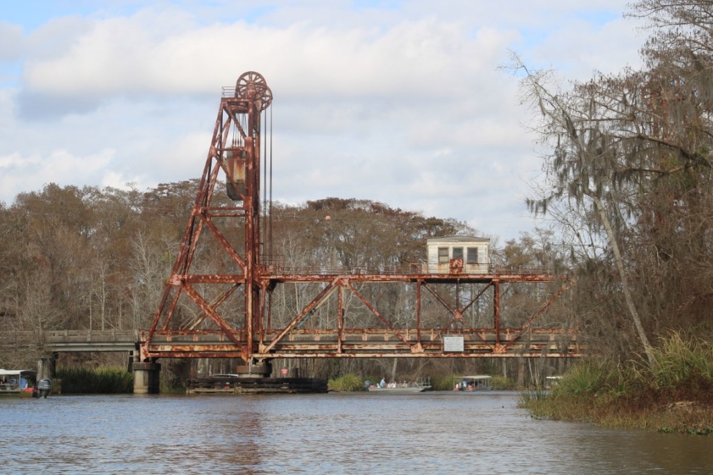 Photograph of a rusty drawbridge in the Pearl River Wildlife Management Area near Slidell, Louisiana.