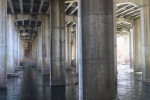 Photograph of an Interstate highway bridge over the Chattahoochee River at Paces Mill Park.