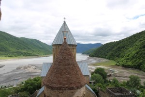 Photograph taken from a tower of the Ananuri Fortress Complex, looking at the Zhinvali Reservoir. 