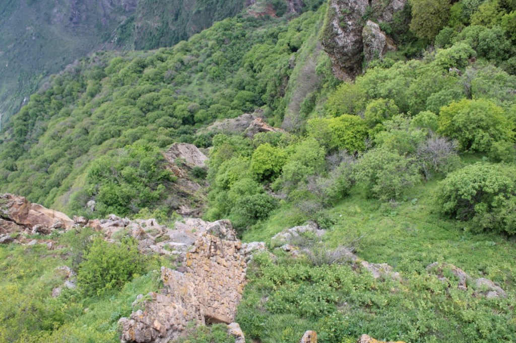 Photograph of landscape with ruins taken in the Tatev region of Southern Armenia.