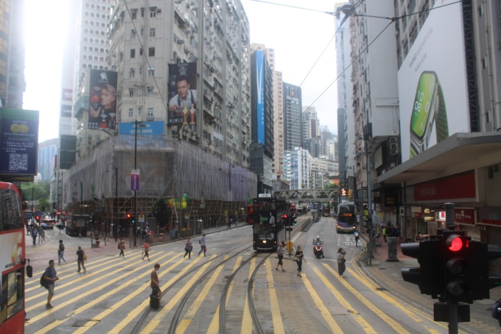 Photograph taken in Hong Kong along the double-decker tram line.