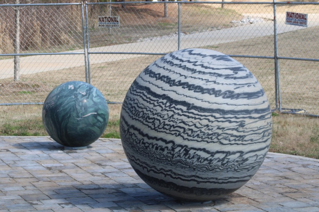 Photograph of orb sculptures in Atlanta's Westside Park.