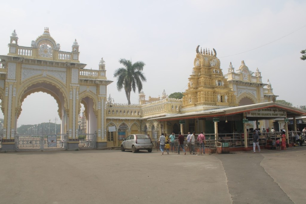 Photograph of the Kote Sri Anjaneya Swamy Temple and Palace Gates in Mysore (Mysuru,) Karnataka, India.