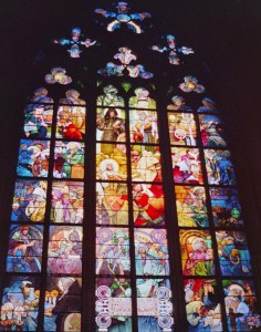 Photograph of a stained glass window taken in a church in Prague, Czech Republic.