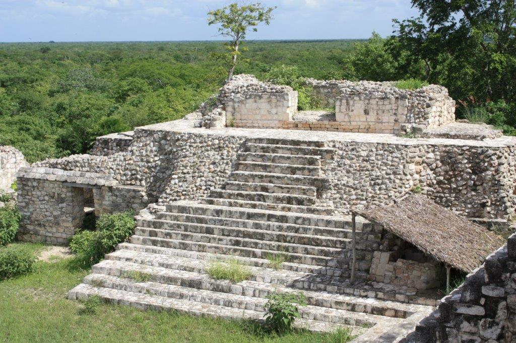 Photograph of ruins of Structure 10 (seemingly bleached white) taken at Ek Balam, a site of Mayan ruins in the Mexican Yucatan.