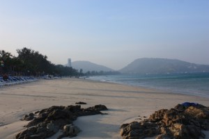 Photograph of Patong Beach on Phuket Island in the early morning hours after sunrise.