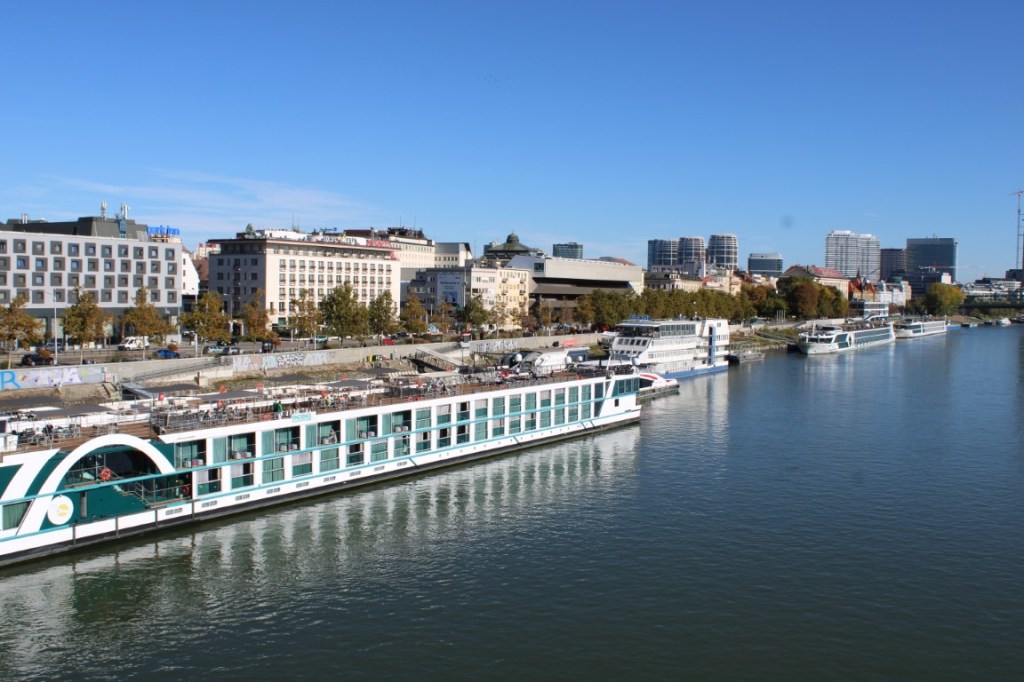 Photograph of a large river cruise ship on the Danube River in Bratislava, Slovakia.