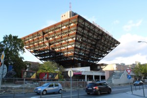 Photograph of the inverted pyramid Radio Building in Bratislava, Slovakia.