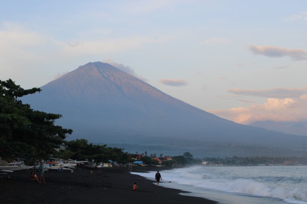 Photograph of Puncak Gunung Agung volcano taken from Ahmed Beach on the east coast of Bali.