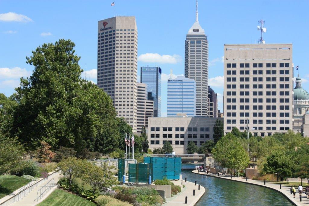 Photograph of the Indianapolis skyline taken from the Canal Walk.