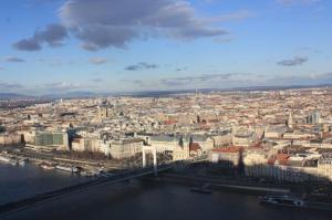 Photograph of the Pest side of Budapest taken from Gellért Hill.