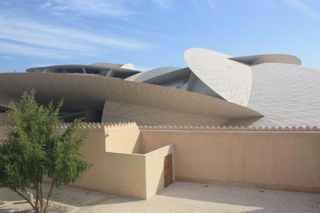 Photograph of the National Museum of Qatar taken from an elevated view in Sheikh Abdulla bin Jassim Al-Thani Palace.