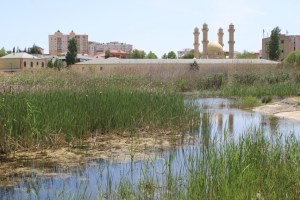 Photograph taken in Gölkənarı Gəzinti Parkı, facing toward the Heydar Mosque in Baku, Azerbaijan.