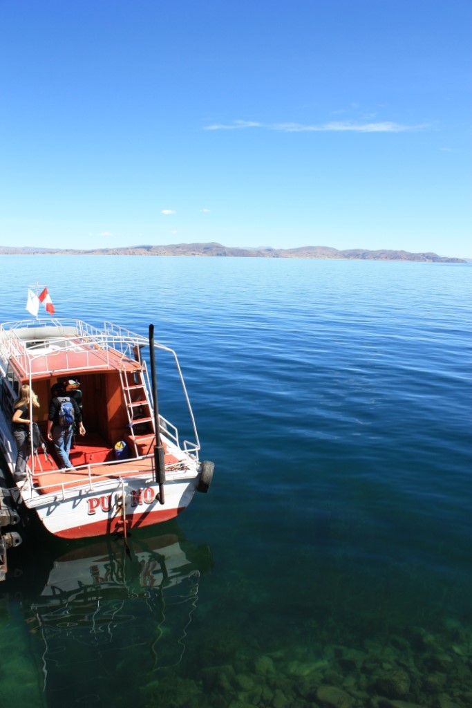 Photograph of a boat at dock on Amantani Island in Lake Titicaca.