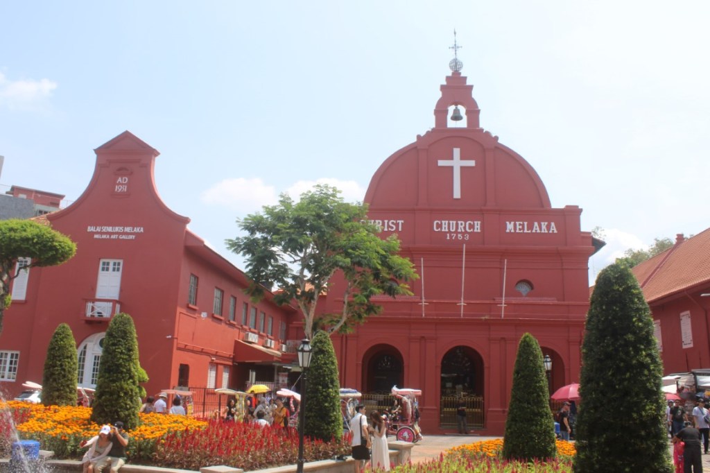 Closeup photograph of Christ Church Melaka on Dutch Square in Malacca, Malaysia.