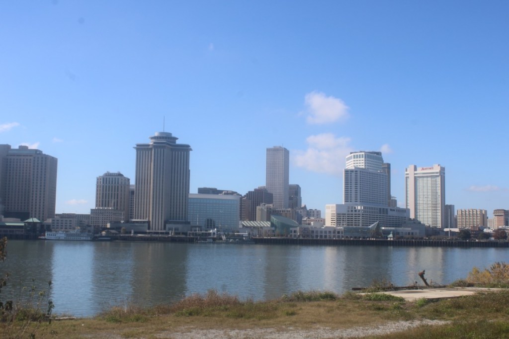 Photograph of the New Orleans skyline from across the river on the Jazz Walk at Algiers Point.