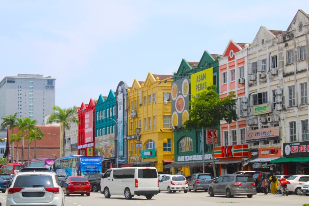 Photograph taken in Malacca (Melaka,) Malaysia of colorful building facades. 