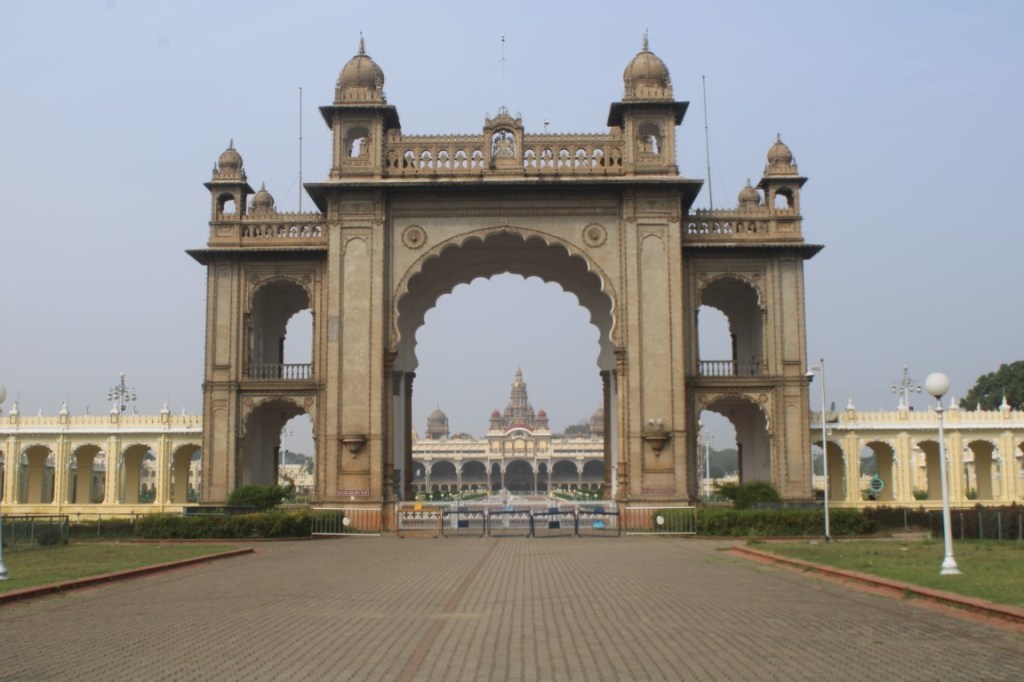 Photograph of the Main Gate of the Mysore Palace in Karnataka, India.