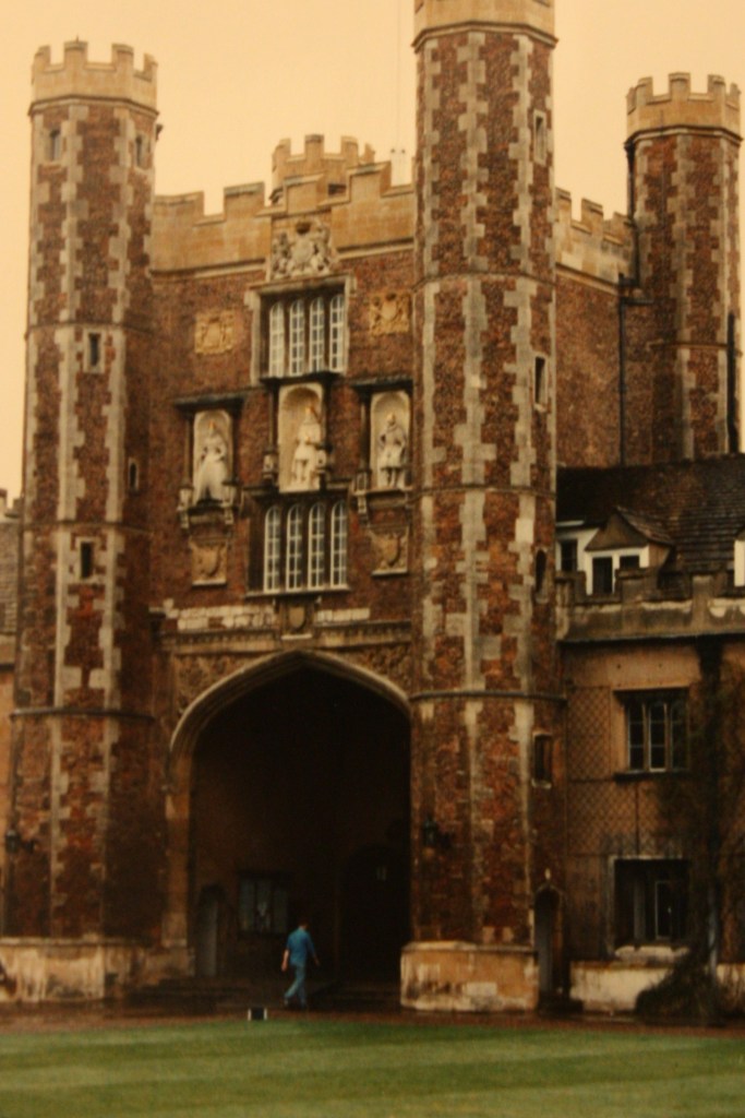 Photograph of the tower in Trinity College's Great Court in Cambridge, England. Taken when I was stationed in East Anglia in the late 80's.