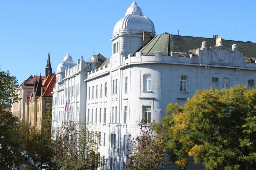 Photograph of buildings facing the Danube River in Bratislava, Slovakia. Taken from the Old Bridge (i.e. Starý most.)