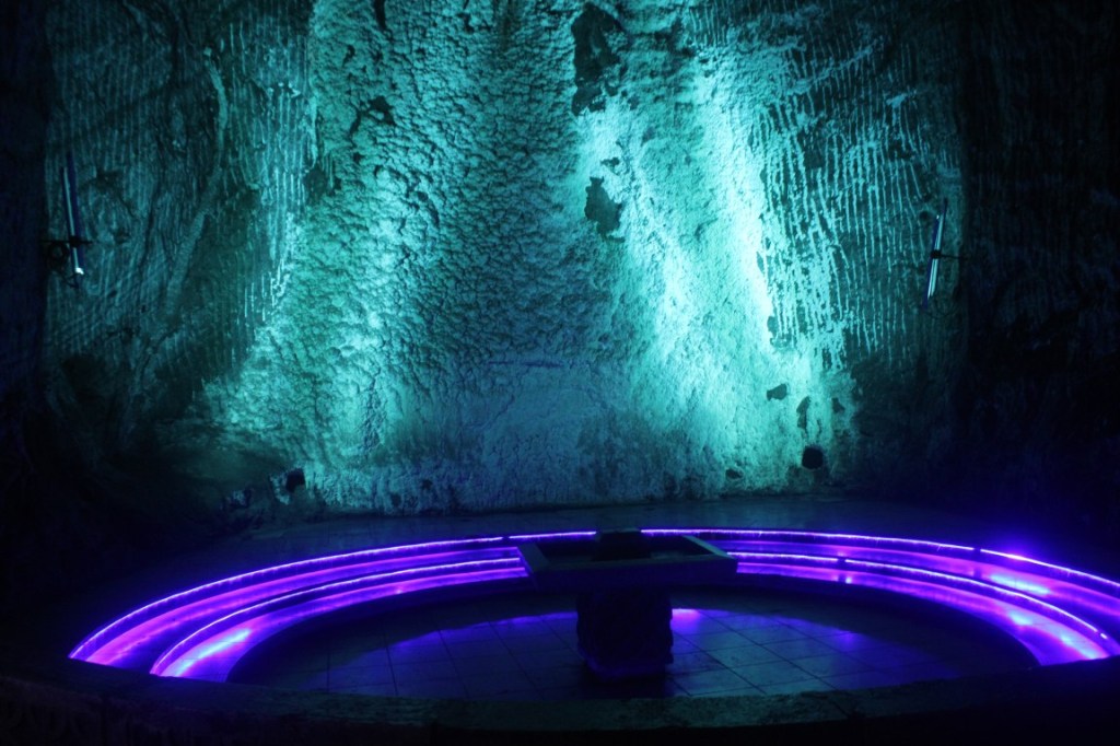 Photograph of colorful lights in the Salt Cathedral of Zipaquira, Colombia. 