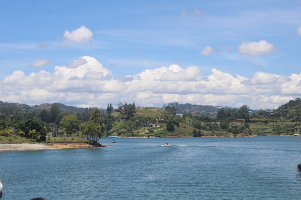 Photograph taken from a boat on El embalse Peñol-Guatapé (the reservoir lake near Guatape) in Antioquia, Colombia.