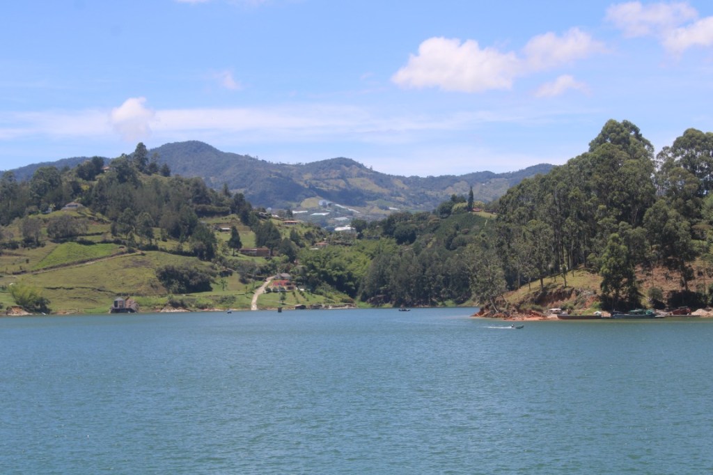Photograph taken from a boat on El embalse Peñol-Guatapé (the reservoir lake near Guatape) in Antioquia, Colombia.