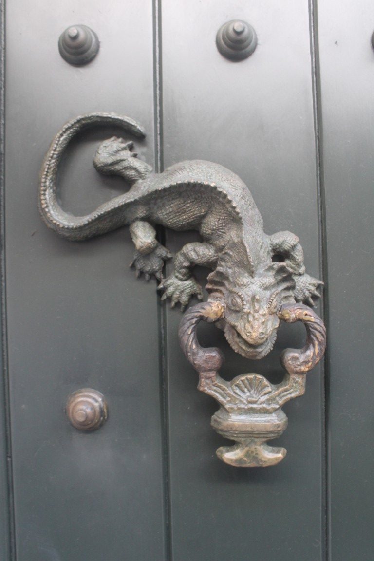 Photograph of a reptilian doorknocker taken in Cartagena, Colombia.
