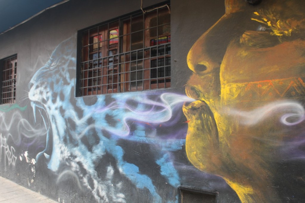 Photograph of a shamanic mural featuring a jaguar spirit, taken in La Candelaria, Bogota.