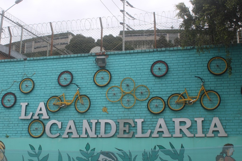 Photograph of a bicycle art sign for La Candelaria in Bogota, Colombia.
