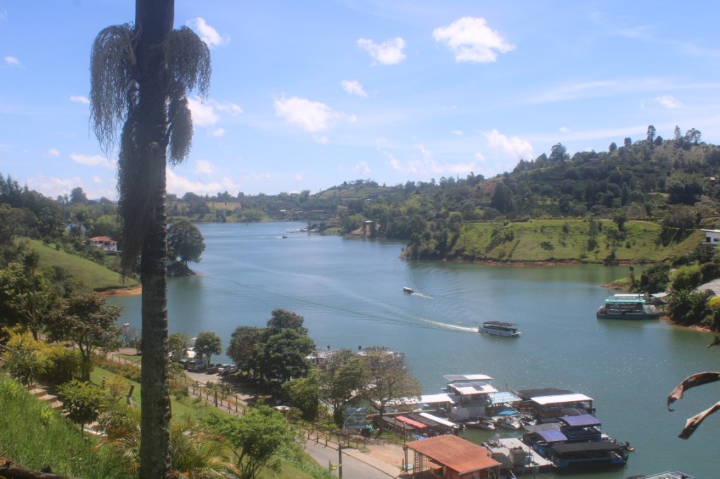 Photograph looking down toward the docks from Réplica del Vieja Peñol in Colombia. 
