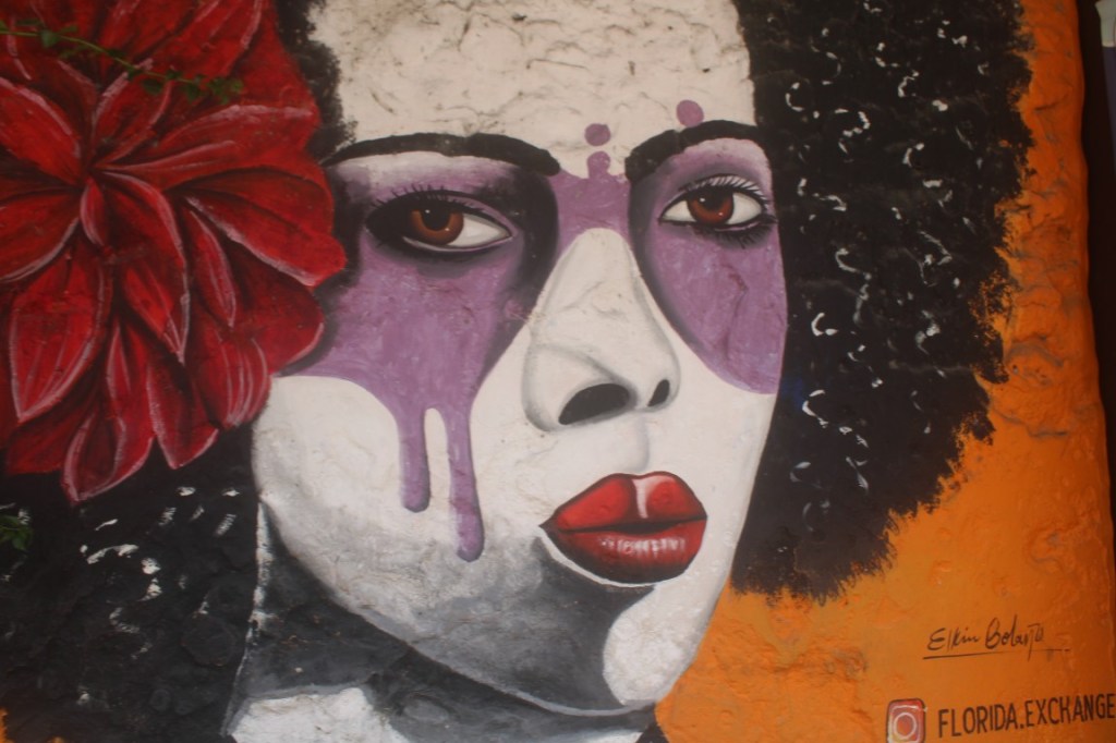 Photograph of a woman's face painted on walls in Barrio Getsemaní of Cartagena, Colombia.