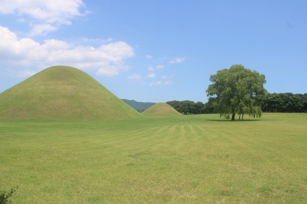 Photographs of burial mounds at the Inwang-dong Ancient Tombs of Silla complex in Gyeongju, South Korea.